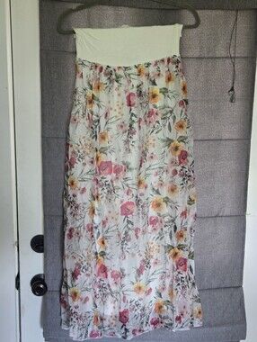Elana Baldi Size Small Silk Blend Ivory Floral Pull On Maxi Skirt Made In Italy